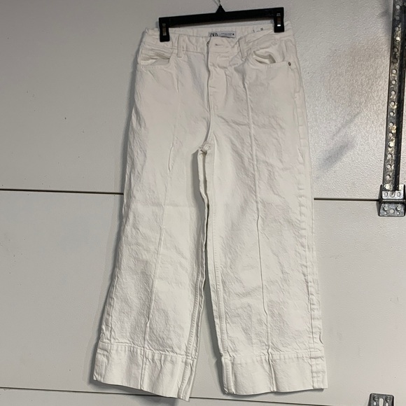 ZARA WOMENS WHITE JEANS CROPPED WIDE LEG FRONT SEAM 4 5862/058/250/36 - Picture 2 of 7
